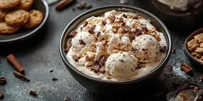 Creamy dessert bowl filled with rich ice cream and cookie crumbles garnished with chocolate on a dark countertop photo