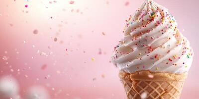 Delicious ice cream cone topped with creamy swirl and colorful sprinkles against a soft pink backdrop photo