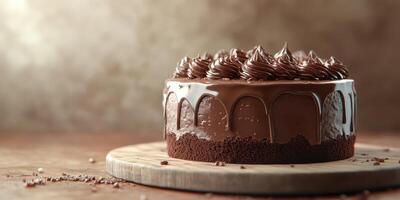 Decadent chocolate cake with creamy frosting displayed on a wooden board in a warm, inviting setting photo