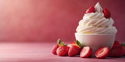 Delicious swirl of soft serve ice cream topped with fresh strawberries on a vibrant background photo