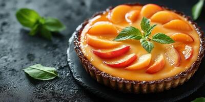 Fresh peach tart with creamy filling and mint garnish displayed on a dark stone surface photo