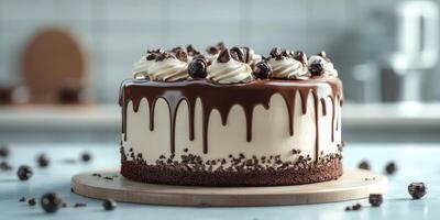 Delicious chocolate cake with creamy frosting and decorative toppings in a modern kitchen setting photo