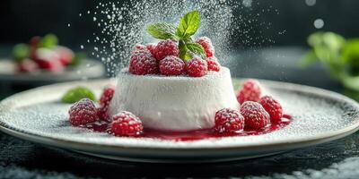 Delicious dessert with raspberries and mint served on a plate with powdered sugar in a soft focus setting photo