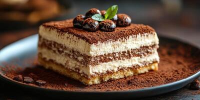 Delicious layered dessert topped with cocoa powder and coffee beans served on a dark plate photo