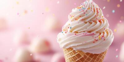 Swirled vanilla ice cream cone topped with colorful sprinkles against a soft pink background photo