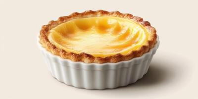 Creamy custard tart in a flaky crust served in a white ramekin on a neutral backdrop photo