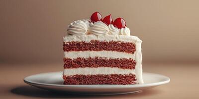 Delicious slice of red velvet cake topped with whipped cream and cherries on a simple white plate photo