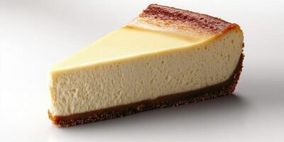 Delicious slice of creamy cheesecake with a smooth texture and golden crust on a plain background photo