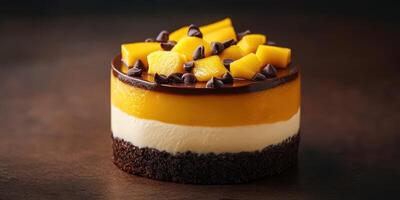 Delectable layered mango chocolate mousse cake topped with fresh mango pieces and chocolate chips in soft lighting photo