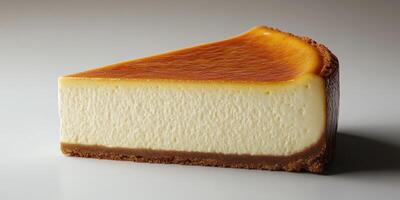 Creamy cheesecake slice with graham cracker crust on a simple background photo