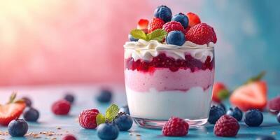 Colorful dessert with berries and cream served in a glass on a vibrant table photo