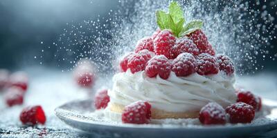 Decadent raspberry dessert topped with cream and mint in a soft, elegant presentation photo