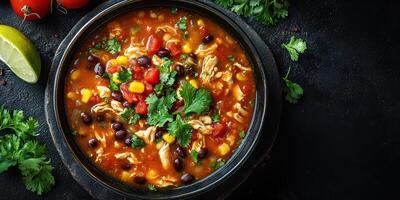 Hearty chicken and black bean soup garnished with fresh cilantro served in a clay pot photo