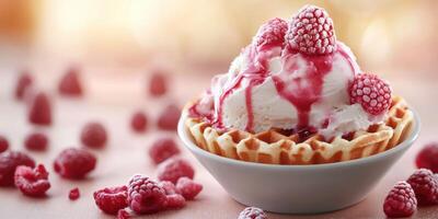 Delicious dessert featuring raspberry sauce and fresh berries on a waffle served in a bowl photo