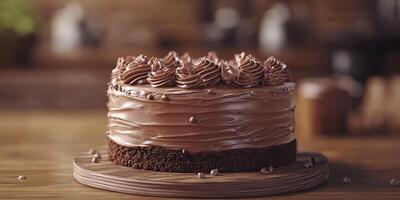 Chocolate cake decorated with swirls of frosting on a wooden table in a cozy kitchen setting photo