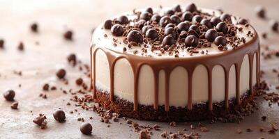 Decadent chocolate dessert featuring creamy filling and chocolate toppings on a brown surface photo