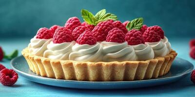 Raspberry tart topped with fresh cream and garnished with mint leaves on a blue plate photo