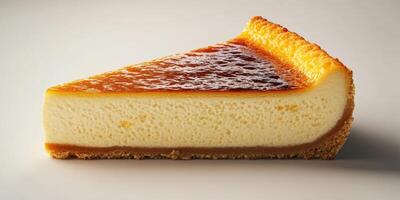 Delicious slice of creamy cheesecake with a golden caramel top on a light background photo