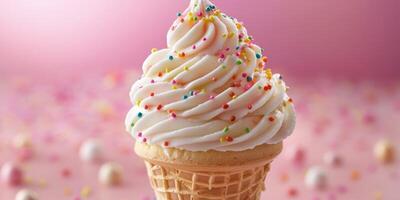 Delicious ice cream cone topped with fluffy swirl and colorful sprinkles against a soft pink background photo