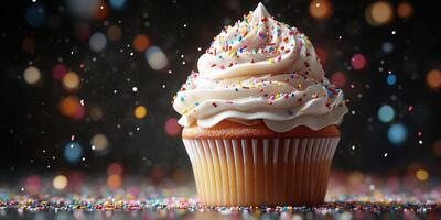 Colorful cupcake topped with swirls of frosting and sprinkles on a festive table photo