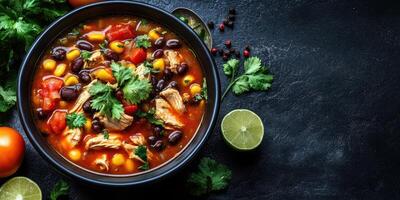 Colorful bowl of chicken soup with black beans, corn, and fresh herbs on a dark countertop photo
