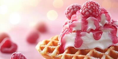 Delicious waffle topped with whipped cream, fresh raspberries, and sweet sauce in a cozy setting photo
