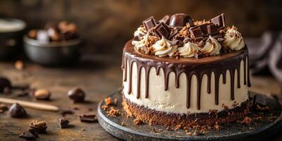 Decadent chocolate cake topped with ganache and chocolate pieces on a rustic table photo