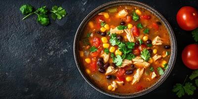Bright and colorful chicken soup with corn, beans, and fresh herbs in a bowl on a rustic surface photo