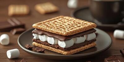 Delicious s'mores dessert featuring layers of chocolate and marshmallows on a wooden table photo