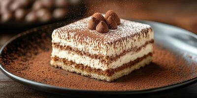 Slice of rich chocolate dessert topped with cocoa and chocolate truffles on a dark plate photo