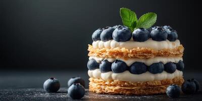 Delicious layers of pastry and cream topped with fresh blueberries and mint leaf create a tempting dessert photo