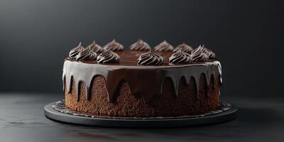 Decadent chocolate cake with smooth ganache and chocolate swirls on top displayed against a dark background photo