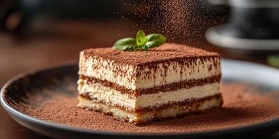 Delicious dessert served on a plate with a sprinkle of cocoa powder and mint leaf on top in a cozy cafe setting photo