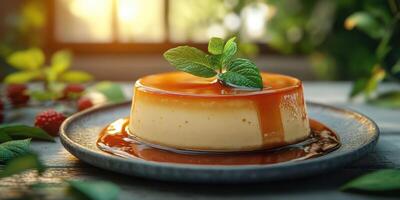 Delicious flan dessert served on a rustic plate with caramel sauce and mint garnish in warm natural light photo