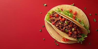 Tasty beef tacos filled with fresh ingredients on a vibrant red background enticingly arranged photo