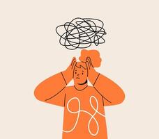 People with clutter of thoughts in brain, woman with mental disorders, anxiety and confused minds. Psychology concept. Colorful illustration vector