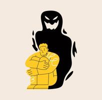 Man having a panic attack, an imaginary monster shadow silhouette, mental health issues, psychology. Colorful illustration vector