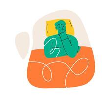 Man suffers from insomnia and had difficulty falling asleep. Insomnia and trouble sleeping disorder. Colorful illustration vector