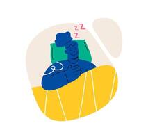 Restful sleep dream concept. Woman lying in bed at home room and taking a nap, resting time and relaxing. Colorful illustration vector
