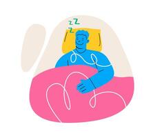 Restful sleep dream concept. Man lying in bed at home room and taking a nap, resting time and relaxing. Colorful illustration vector