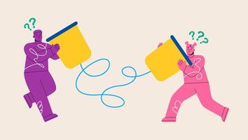 Man and woman trying to communicate with old technology. Miscommunication, tin can communication concept. Colorful illustration vector