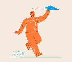 Man throwing a paper airplane. Concept of business startup, launch of new project. Colorful illustration vector