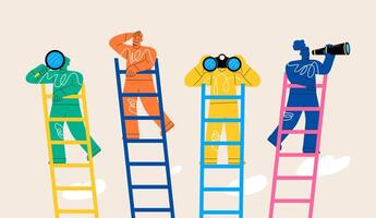 New employee looks into the future at the top of ladder. New business ideas. Concept of choosing the direction of development. Colorful illustration vector