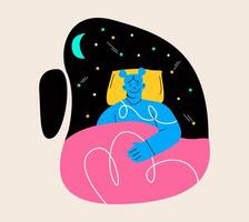 Smiling positive girl sleeping at night with moon with deep, sweet and healthy dreams. Comfort sleeping, sweet dreams concept. Colorful illustration vector