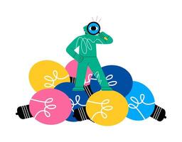 Man hold magnifying glassseeking for ideas. Concept, finding new ideas. Colorful illustration vector