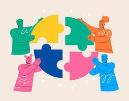 Group of peoples doing teamwork assembling giant jigsaw puzzle. Cooperation. Business concept. Colorful illustration vector