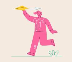 Woman throwing a paper airplane. Sending mail, communication, messaging, email concept. Colorful illustration vector