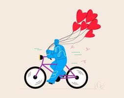 Man riding bicycle and holding red heart balloons. Happy Valentine's Day. Colorful illustration vector