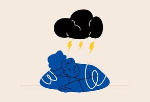 Sad unhappy woman with clouds and rain in her head. Concept of depression. Colorful illustration vector