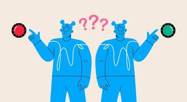 Risk and benefits analysis. Difficult decision-making. Two options dilemma. Comparison concept. Pros and cons with two choices. Colorful illustration vector